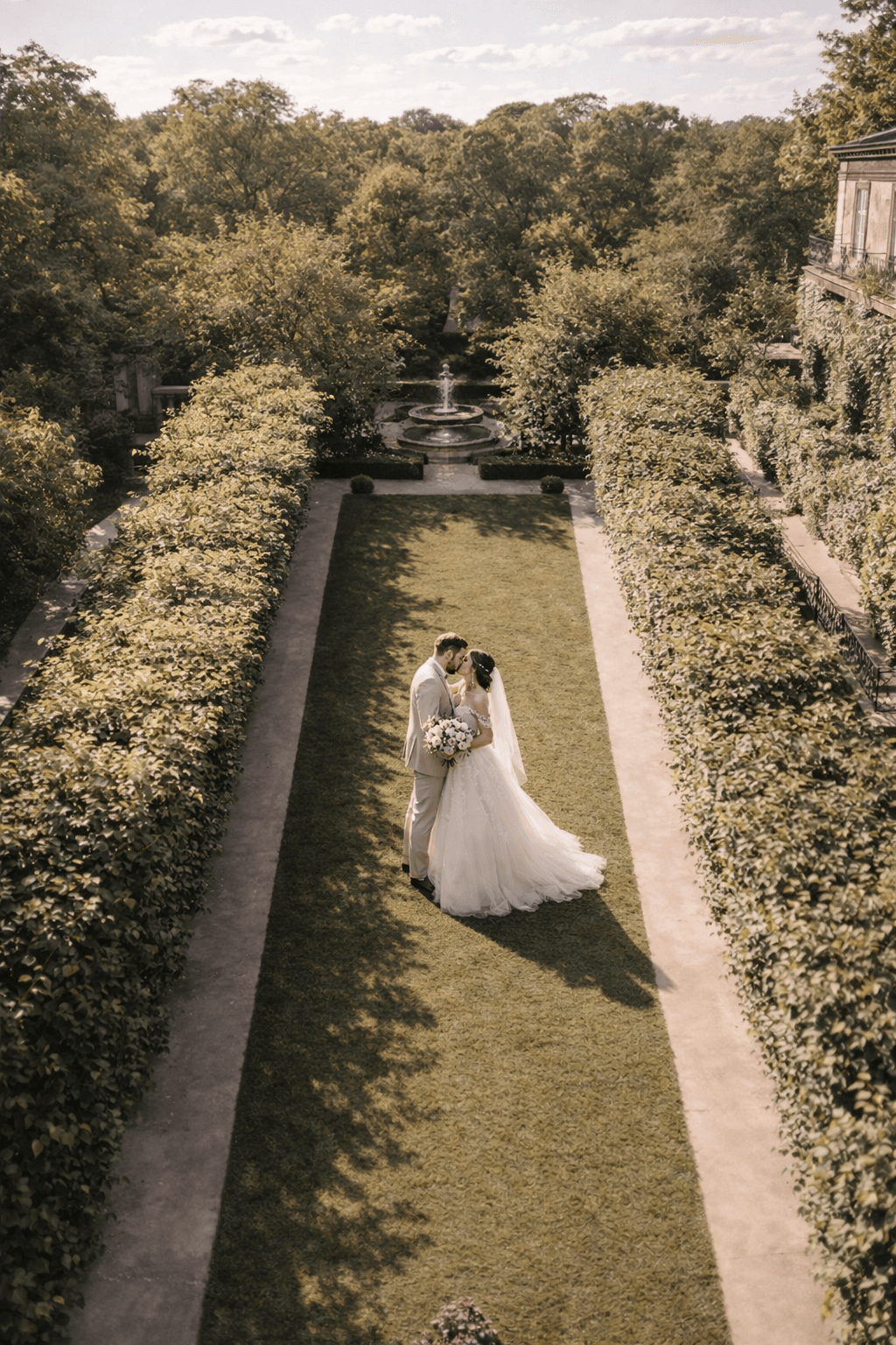 Couple dans un jardin avec décoration florale aérienne