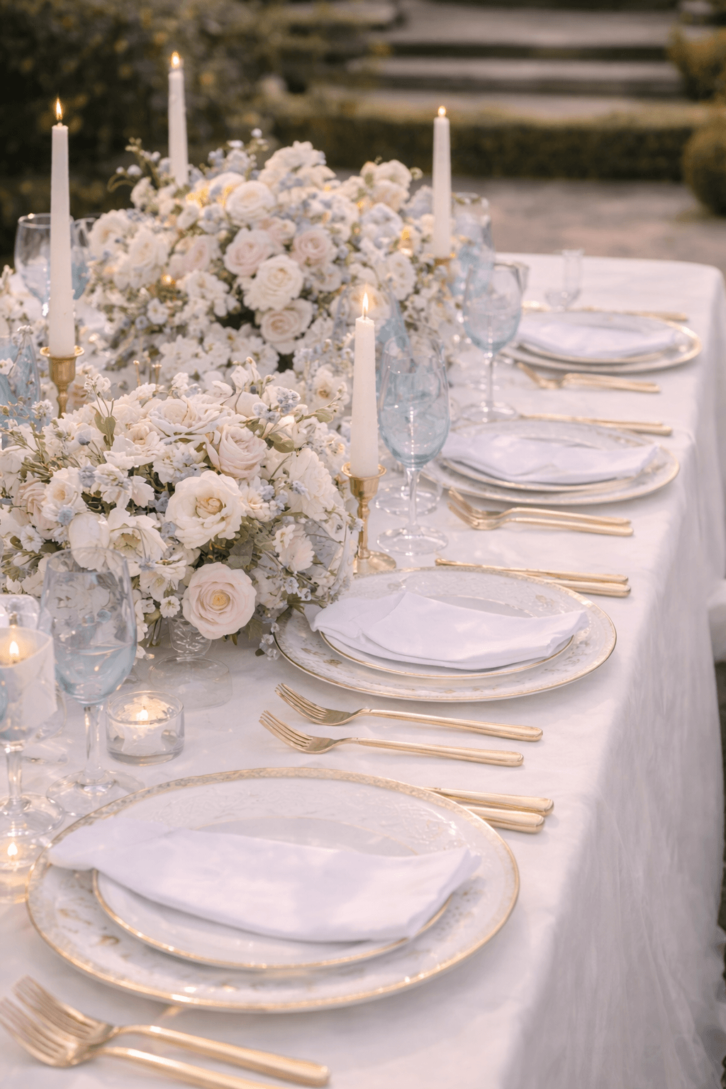 Table de réception blanche et dorée avec compositions florales